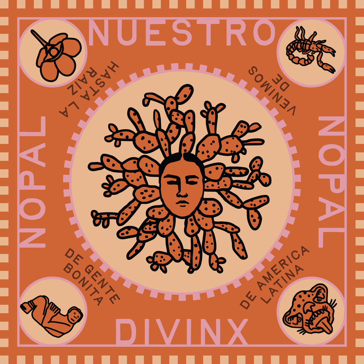 Introducing the "Nuestra Nopal Divinx" bandana - a versatile and stylish accessory for all your adventures! Made with high-quality material, it can be used as a headband, scarf, or even a face covering. With its unique design, you'll stand out in any crowd. Time to get your Divinx on!