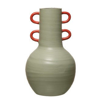 Terra-cotta Vase w/ Glazed Coral Color Handles - Celadon & Orange