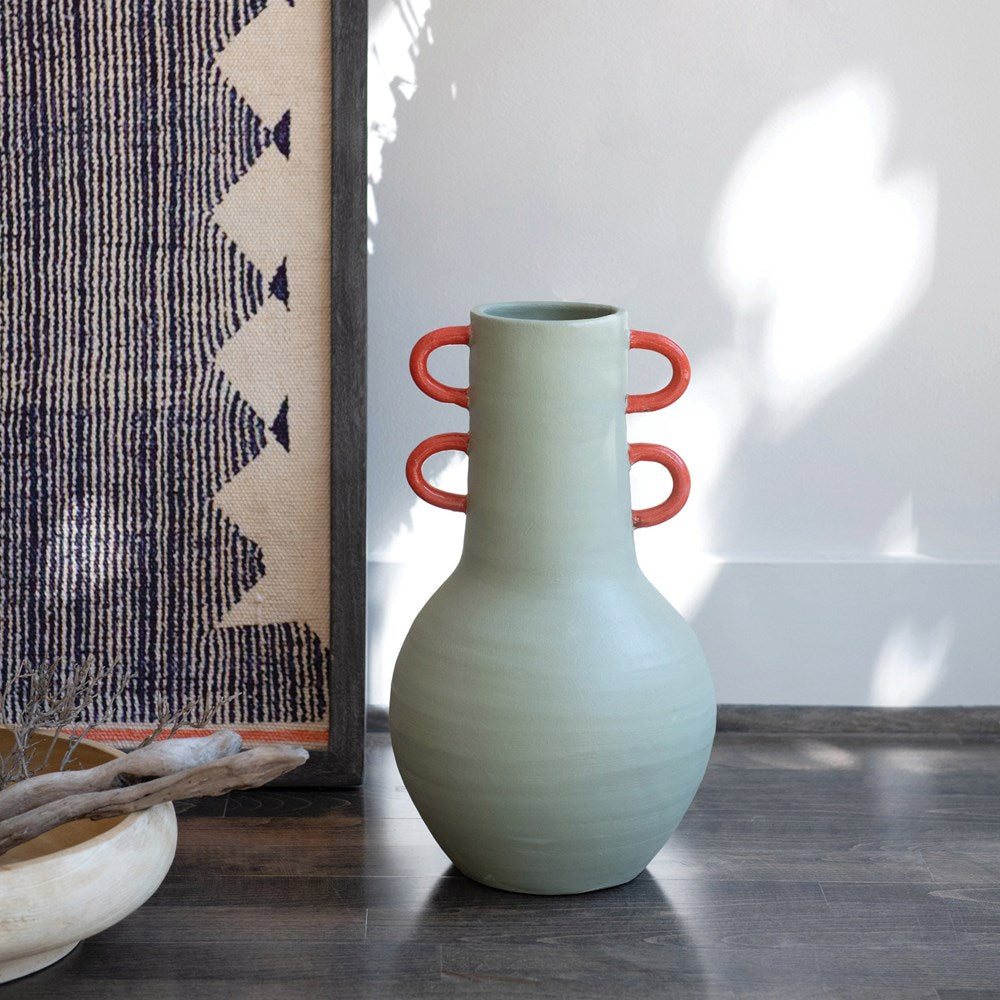 Terra-cotta Vase w/ Glazed Coral Color Handles - Celadon & Orange